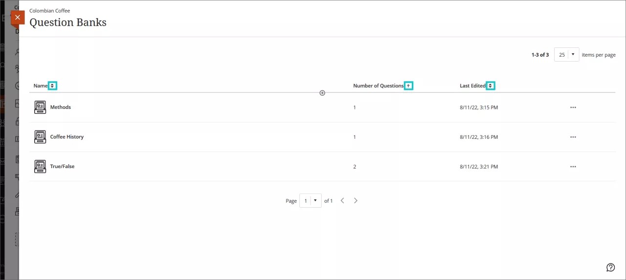 عناصر التحكم في فرز بنوك الأسئلة: تمت إضافة أسهم الفرز للاسم وعدد الأسئلة وتاريخ آخر تحرير