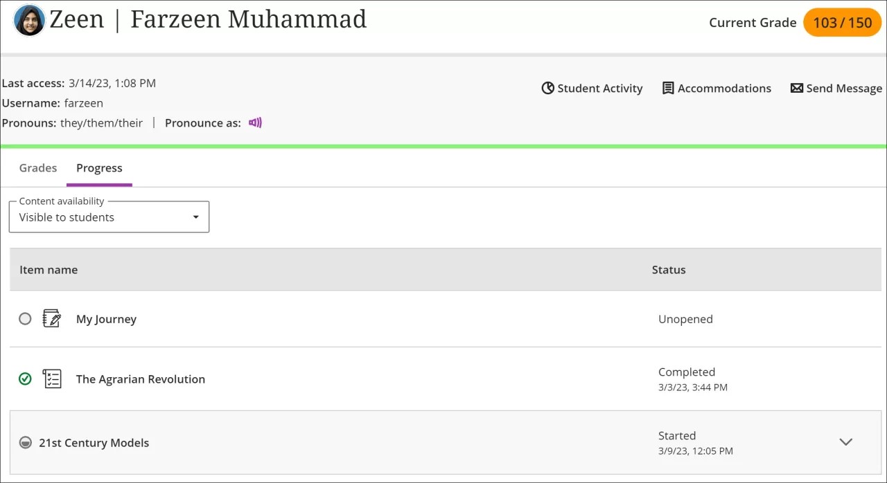 تبويب تقدم الطالب. يوجد تسطير أرجواني أسفل علامة التبويب التقدم.