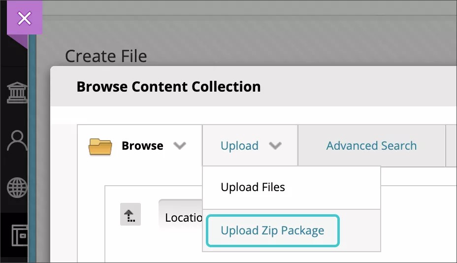 شاشة استعراض مركز ملفات المحتوى مع تحديد خيار رفع Zip Package (تحميل الحزمة المضغوطة)