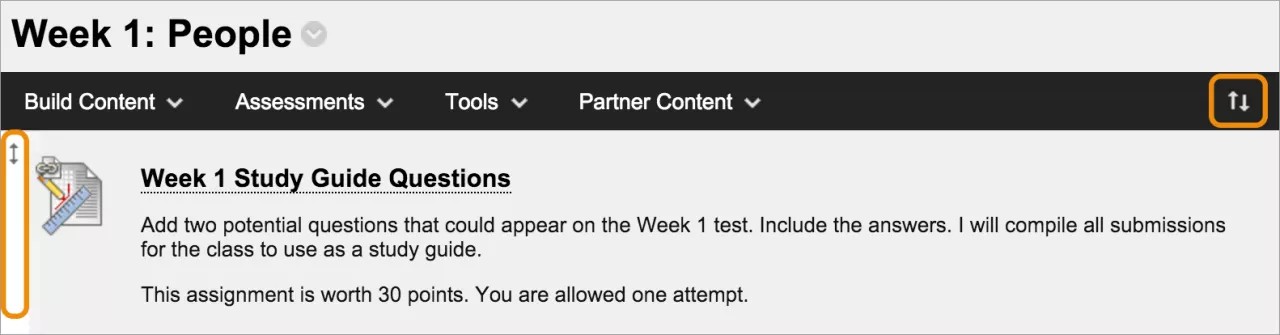 Opsiynau llusgo a gollwng ar ochr chwith yr eitem cynnwys