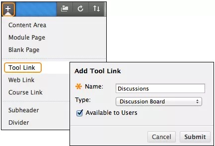 Wählen Sie Tool-Link aus, um einen Diskussionslink im Kursmenü hinzuzufügen.