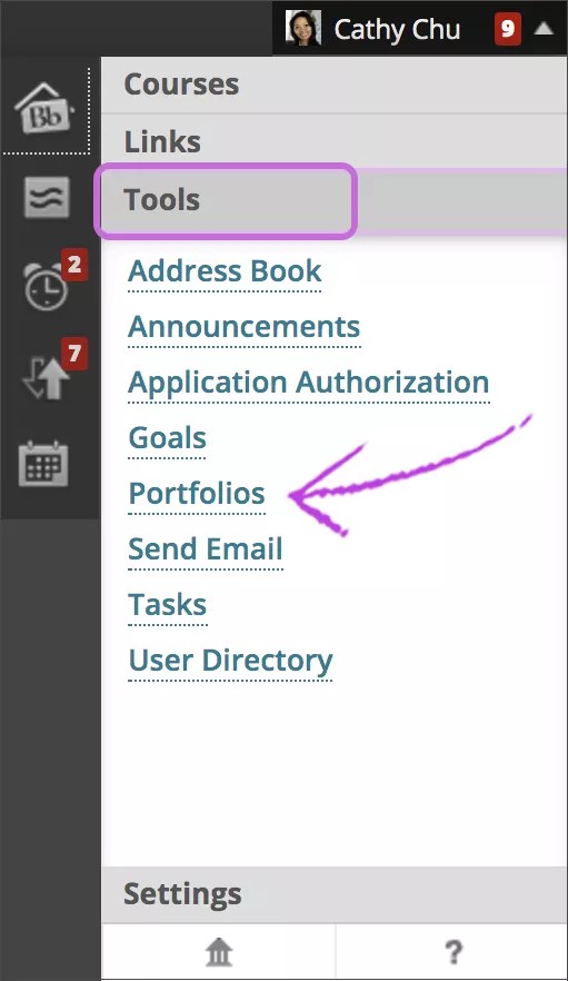 Um auf Portfolios zuzugreifen, wählen Sie Tools und dann Portfolios aus