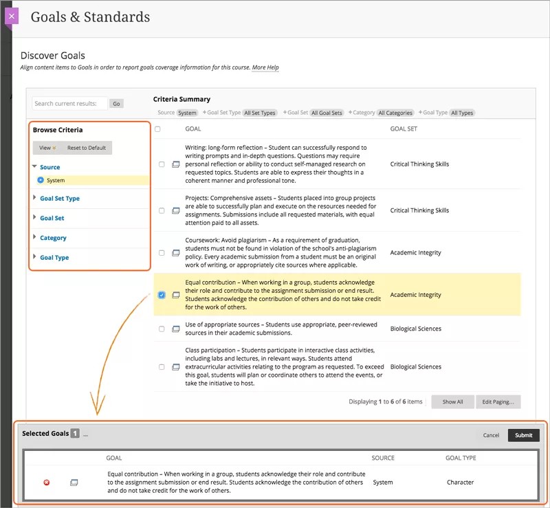 Die Seite "Ziele und Standards" wird oben angezeigt, wobei der Bereich "Suchkriterien" hervorgehoben ist. Ein Ziel wird ausgewählt, wobei ein Pfeil unten ein Bild hervorhebt, das das rote x neben dem Ziel zeigt, um es zu entfernen, und die Schaltfläche Senden.