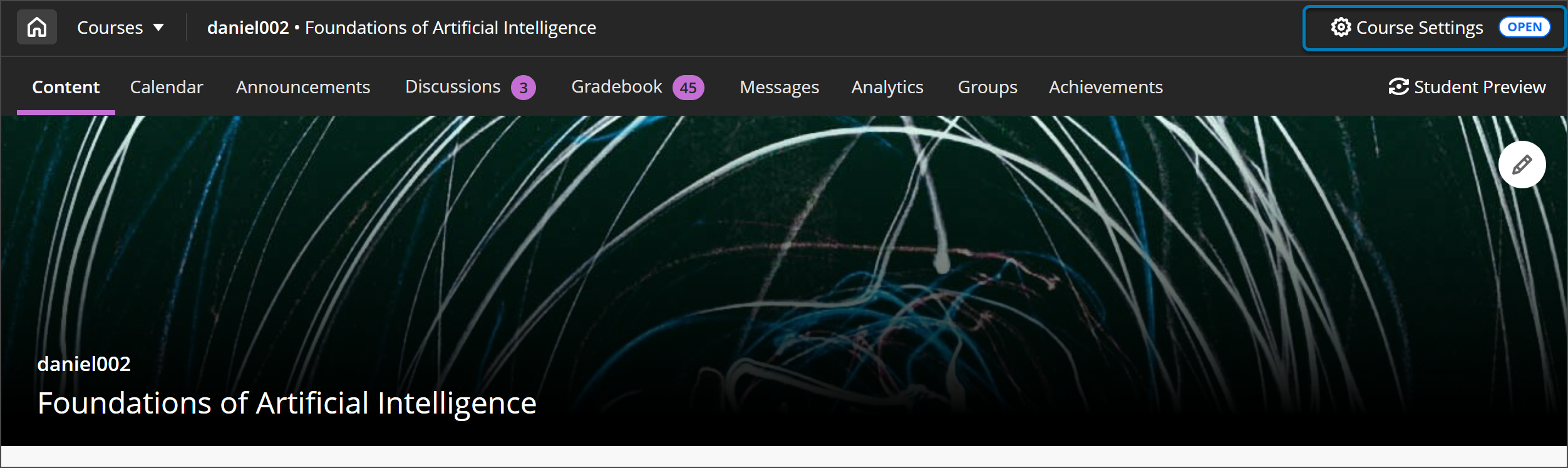 Ansicht des oberen Teils eines Blackboard Ultra-Kurses mit dem Titel "Einführung in das technische Schreiben" mit einem farbenfrohen Kursbanner von Blau bis Orange. Die Option Kurseinstellungen oben rechts auf dem Bildschirm ist blau hervorgehoben.