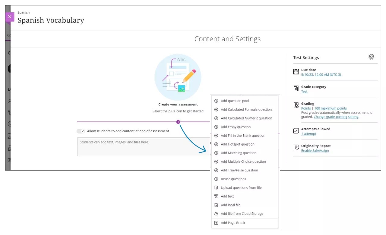So sieht das erweiterte Menü „Frage hinzufügen” aus, wenn Sie einen neuen Test erstellen.