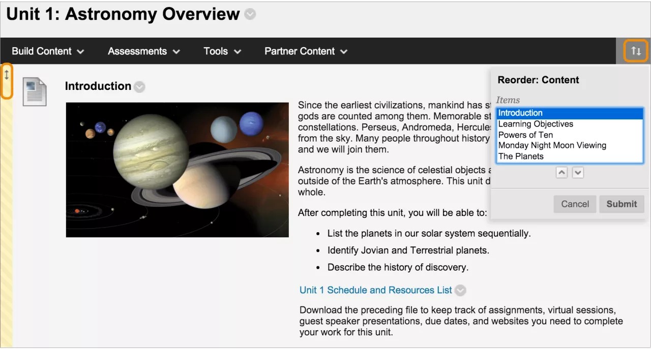 Neu anordnen: Menü "Inhalt"