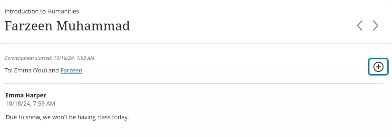 Eine offene Nachricht zwischen einem Kursleiter und einem Teilnehmer, die über Schnee diskutieren. Die Schaltfläche „Teilnehmer hinzufügen“ ist ein Pluszeichen oben rechts.
