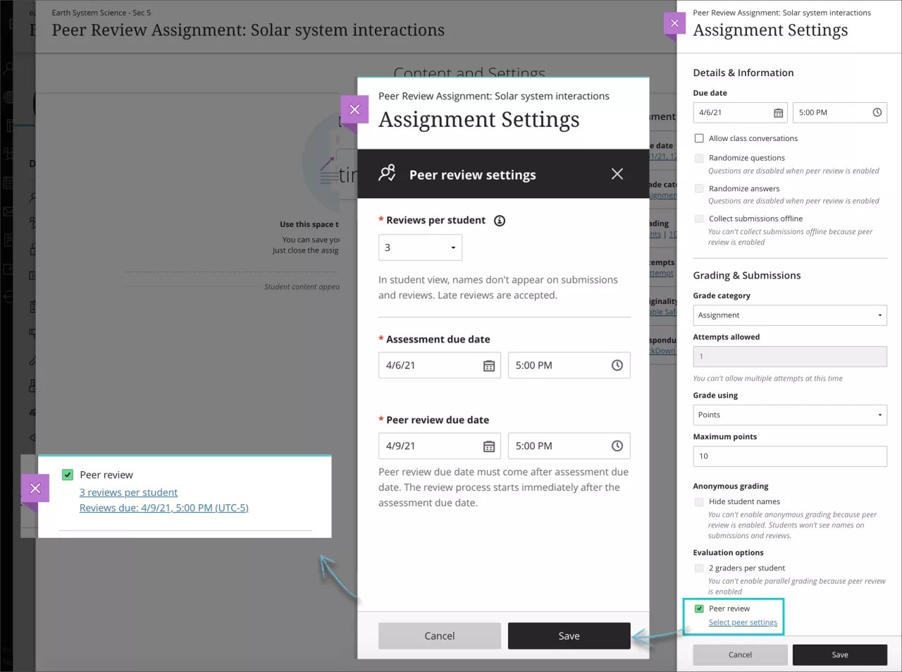 Das Fenster "Aufgabeneinstellungen" ist geöffnet, wobei 1) das Kontrollkästchen "Peer-Review" ausgewählt und hervorgehoben ist, 2) die Option "Peer-Einstellungen auswählen" ausgewählt und hervorgehoben ist, 3) das Feld "Peer-Review-Einstellungen" mit den Optionen "Bewertungen pro Teilnehmer", "Fälligkeitsdatum der Bewertung" und "Fälligkeitsdatum der Peer-Review" auf dem Bildschirm geöffnet wird und 4) der Abschnitt "Peer-Review" mit den aktualisierten Informationen angezeigt wird.