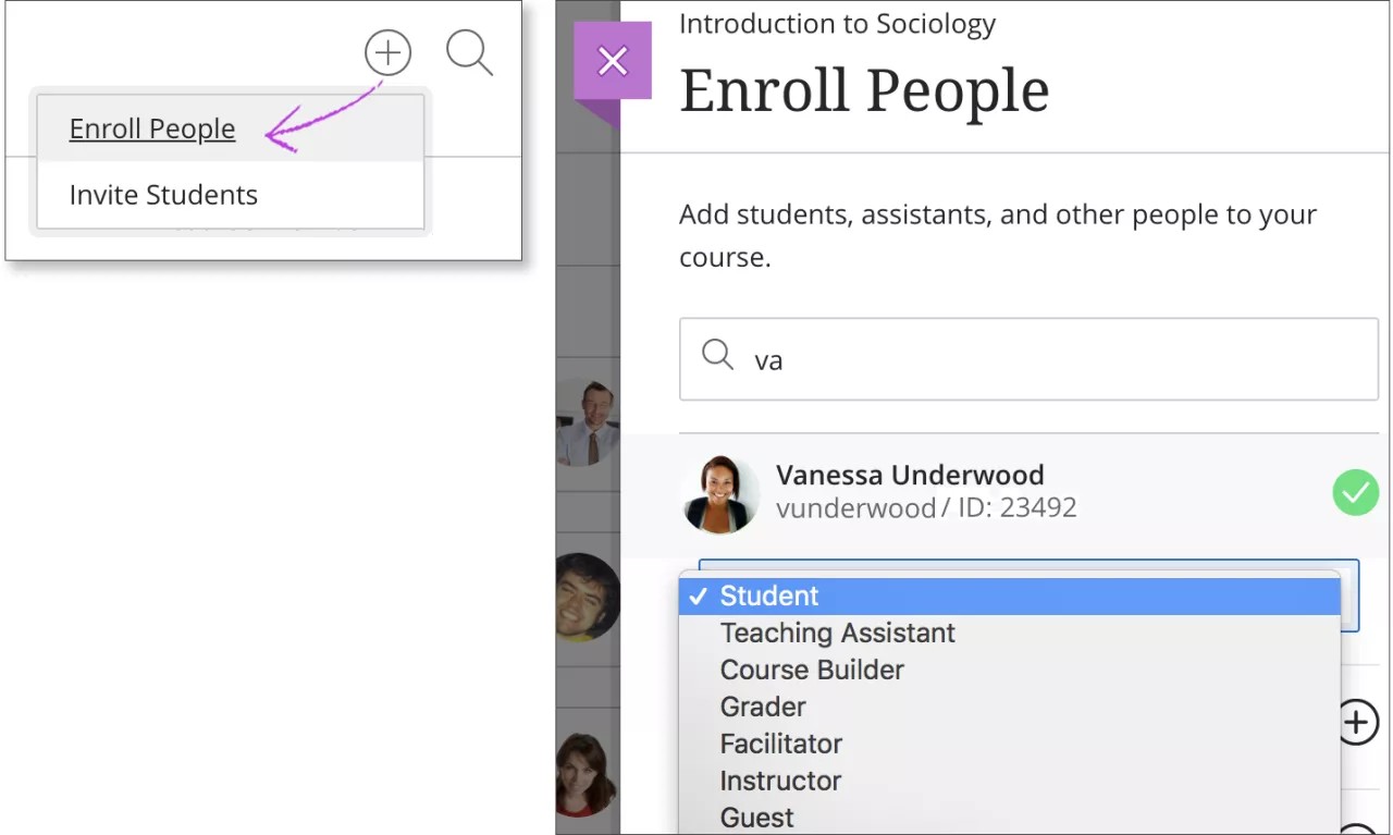 Der Bereich „Personen anmelden‟ wurde auf der Seite „Namensverzeichnis‟ geöffnet. Ein Dropdown-Menü im Bereich zeigt die Optionen für die Kursrollen, die Sie einer neu angemeldeten Person geben können.
