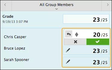 The grading sidebar, showing the overall grade of 23/25 but a grade of 20/25 for an individual, with a checkmark and an X beneath it.