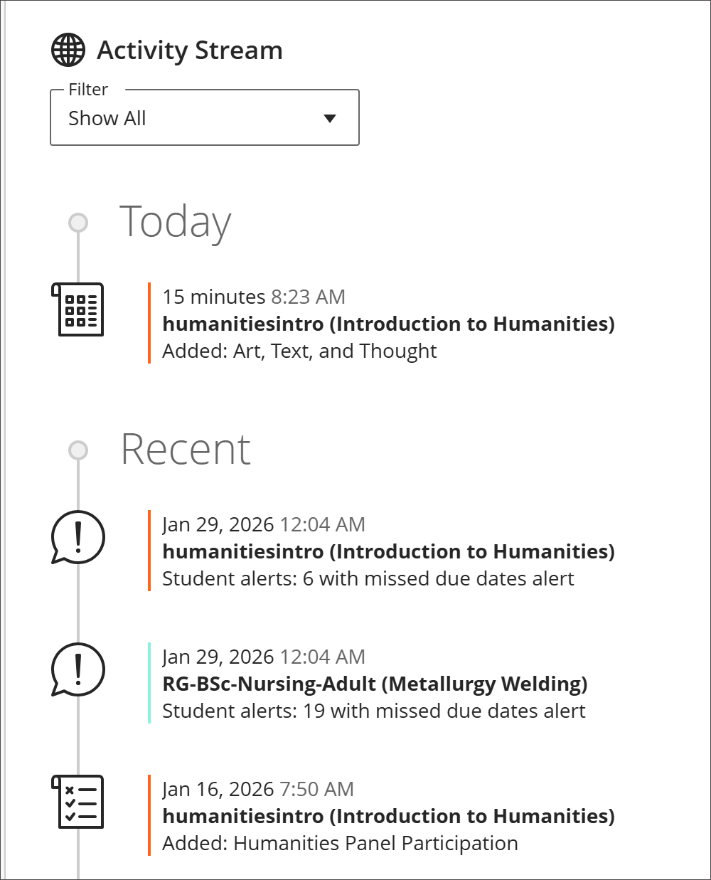 Activity Stream showing alerts for two courses with students with missed due dates alerts