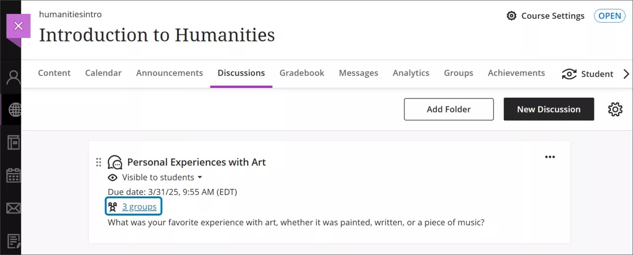 The Discussions page, with the groups button highlighted. There are 3 groups available for a single discussion.