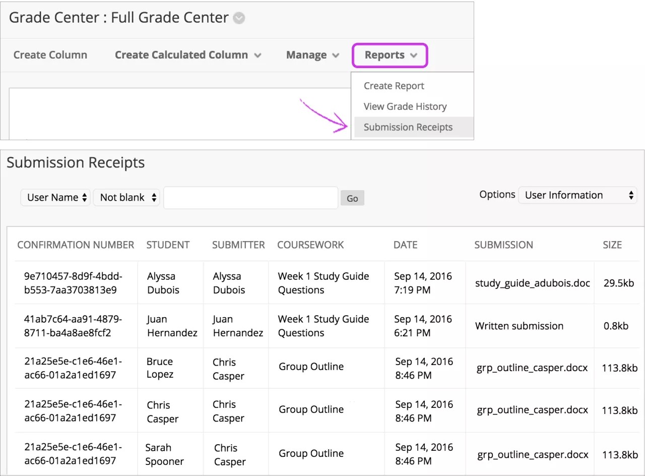 On the Grade Center page, select Reports then Submission Receipts. The Submission Receipts appear in a grid with filters
