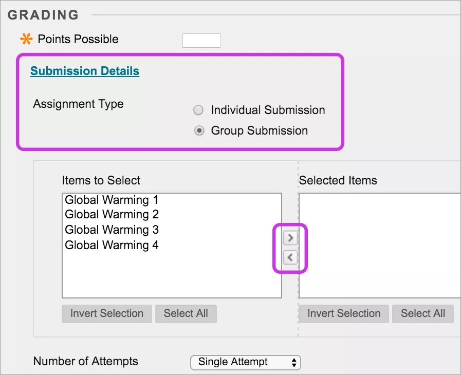 A group assignment on the Create Assignment page. Submissions Details is highlighted and expanded.