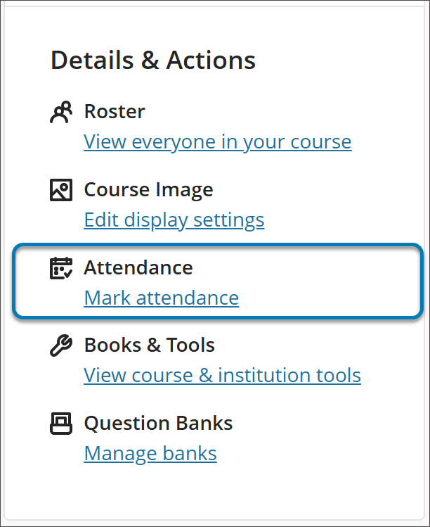 The Course Content page is open with "Mark attendance" option highlighted.