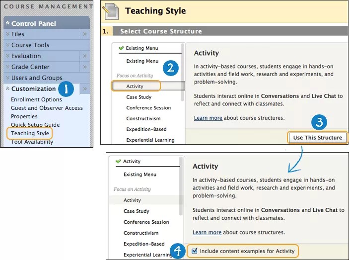 The Course Management Control Panel on the left, with the Teaching Style panel expanded on the right and annotated option explained in the text following the image.