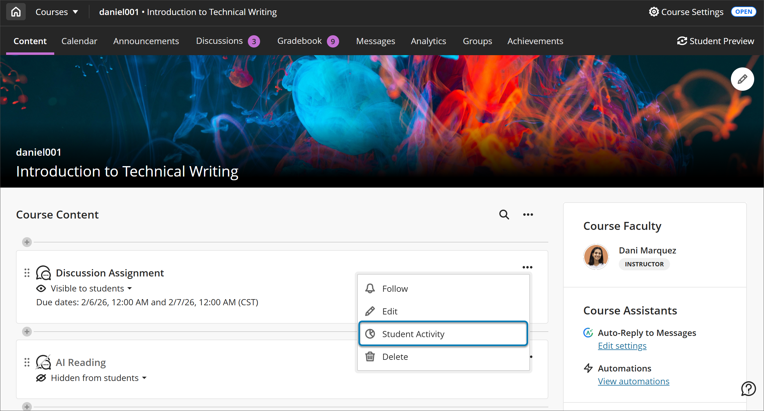 Image of the Course Content page, with the Student Activity option highlighted in a blue box within the More Options menu.