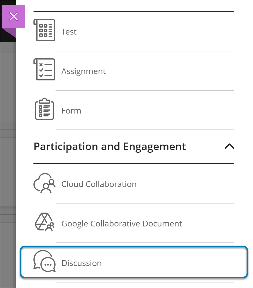 Create Item panel, with Participation and Engagement highlighted over the Discussions option