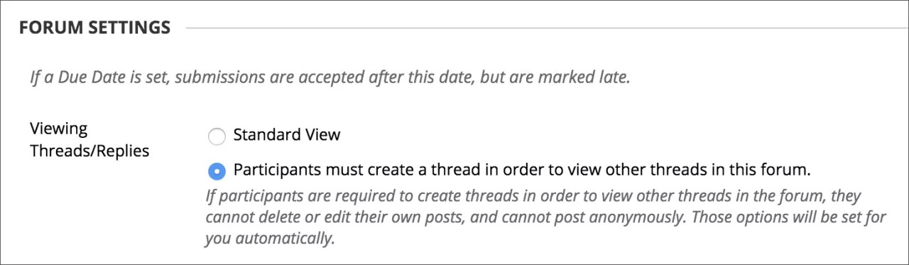 The forum settings sections, with the Viewing Threads/Replies option set to "Participants must create a thread in order to view other threads in this forum."