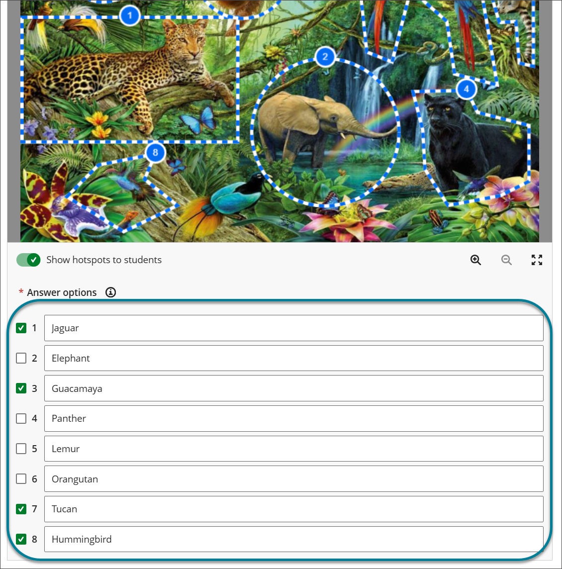 Options for selecting the correct answers for hotspots that have been drawn on top of an image of animals in a rainforest setting. The answer options section is highlighted with a box. Four out of eight answers have their checkbox selected. Each answer has a description entered into the textbox.