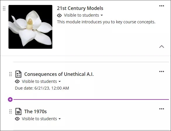 A learning module, with the plus button highlighted between two assignments