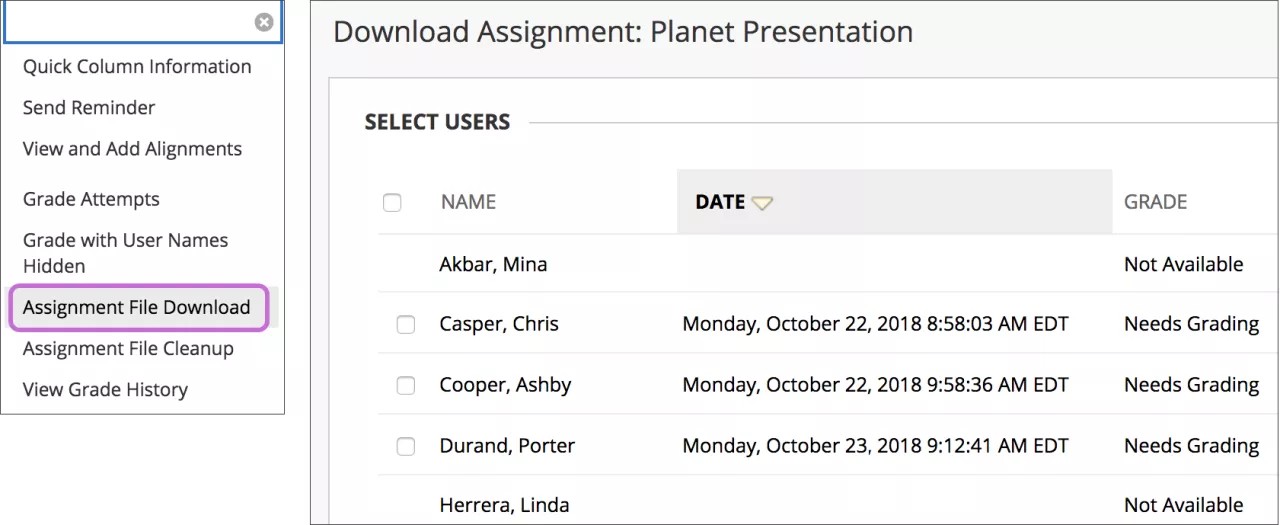 To the left: Grade Center panel with Assignment File Download option highlighted. To the right: the Download Assignment page.