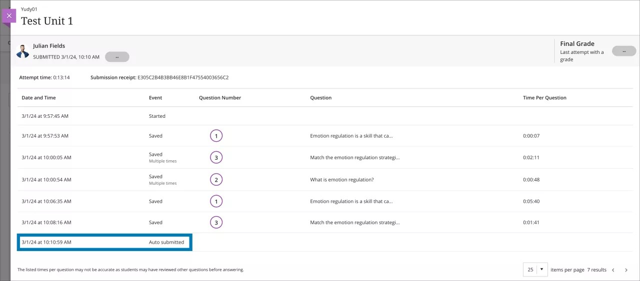 Attempt log page with an auto-submission highlighted
