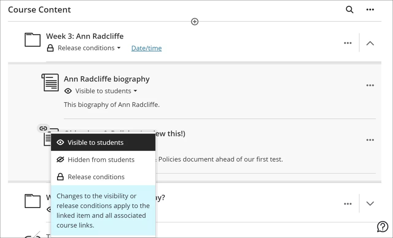 Detail of Course Content page with student visibility menu opened for a course link