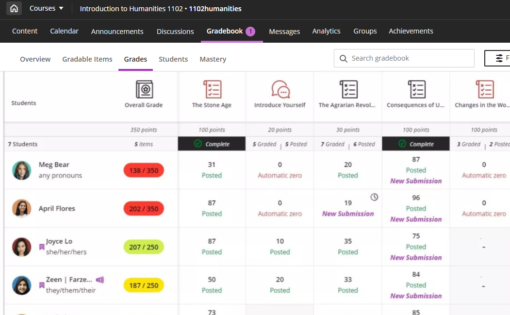 Grid view from the Gradebook