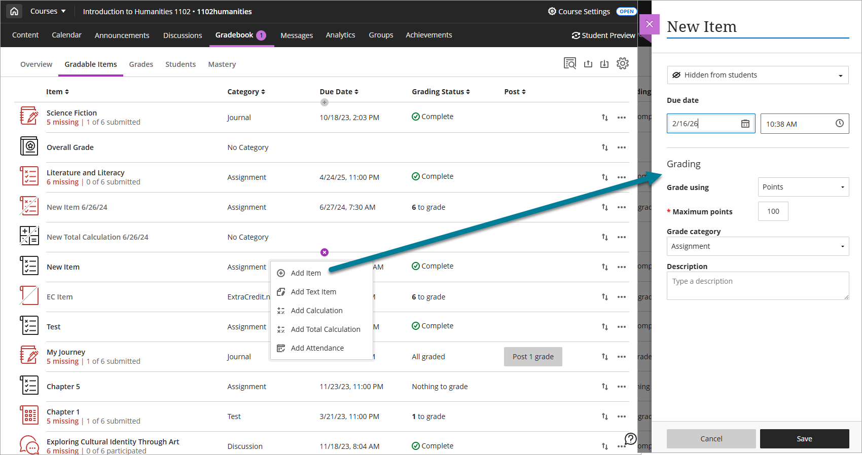 Example of manually grading an item in the gradebook