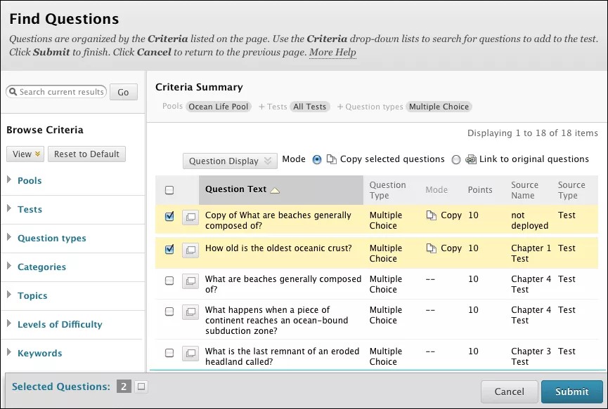 The find questions page with criteria chosen and a list of questions that meet the search criteria.