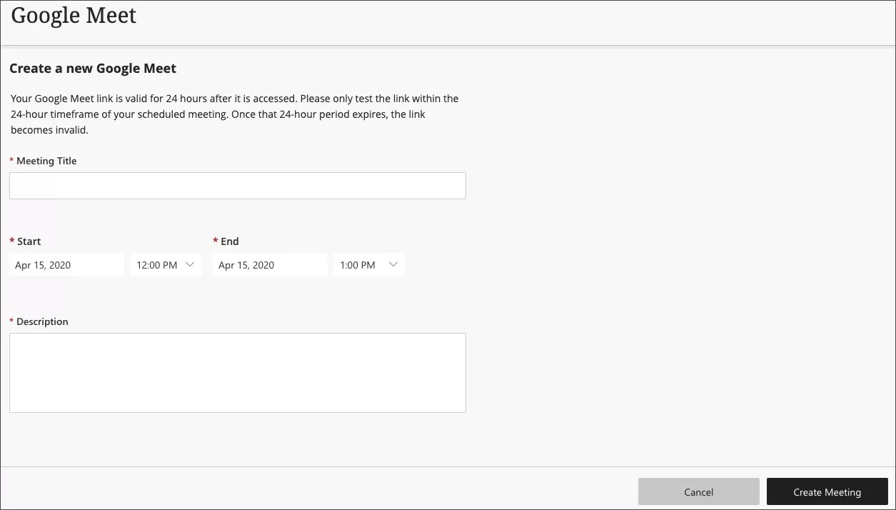Google Meet page for creating a new Google Meet session.