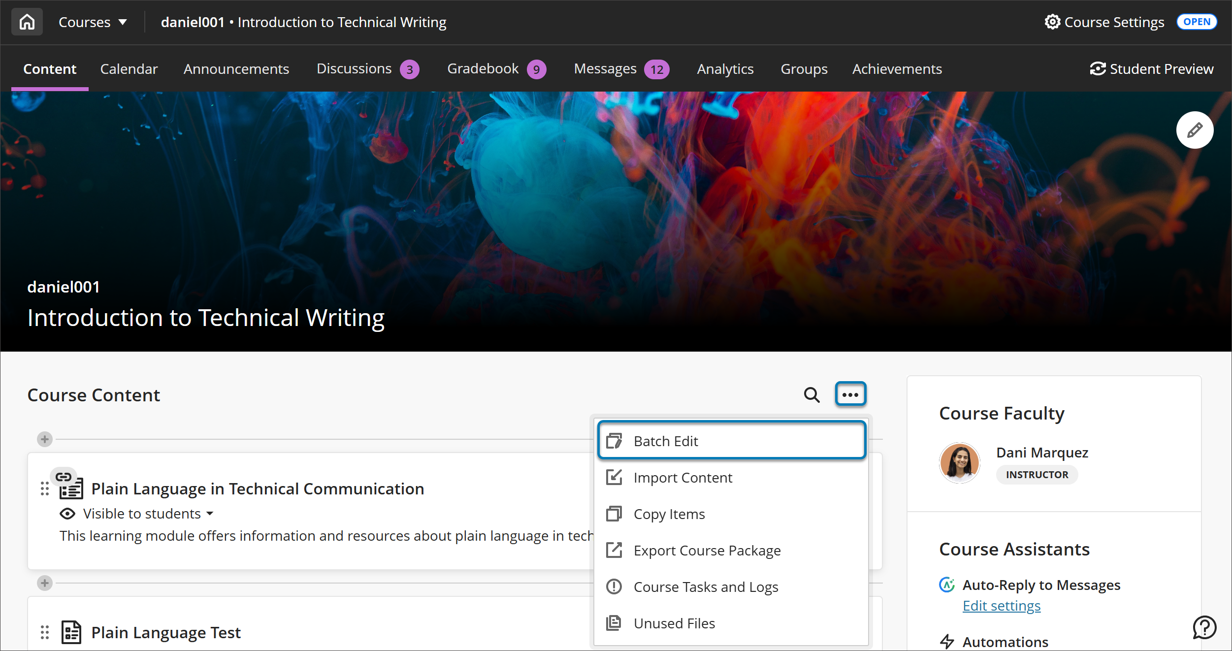 Image of the Course Content page, with the three dot menu open and Batch Edit highlighted