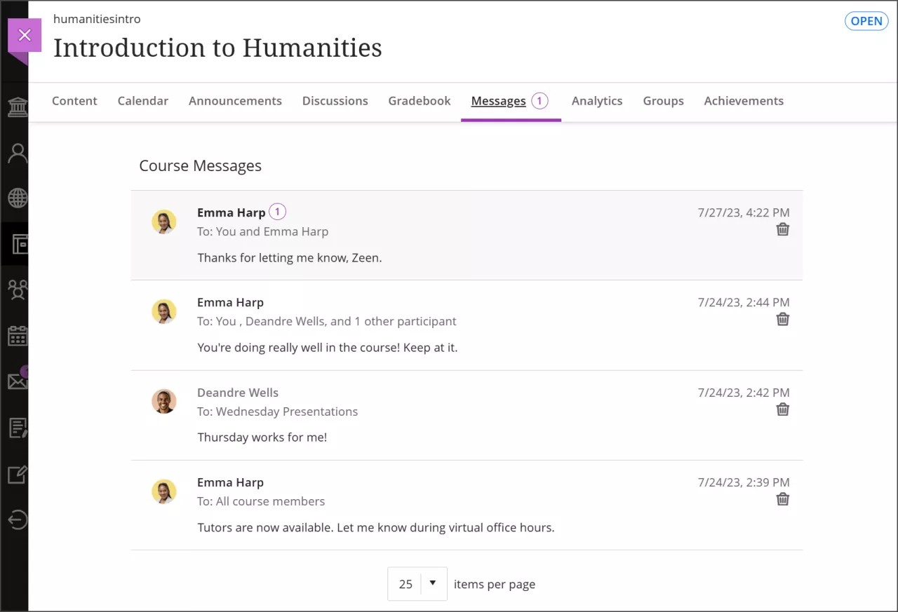 Course page with Messages tab selected showing several course messages.