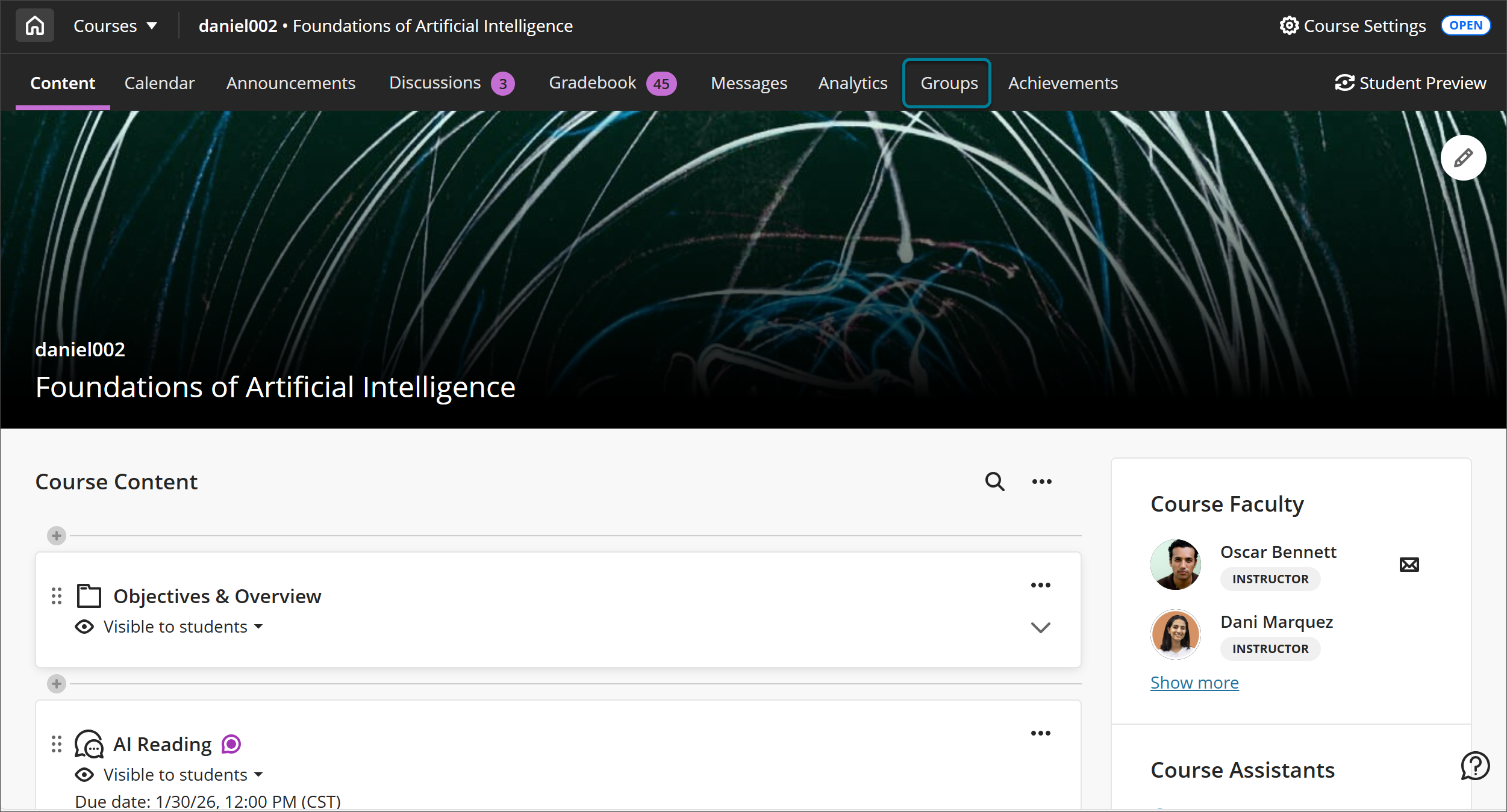 The Groups menu item is highlighted on the Course Content page