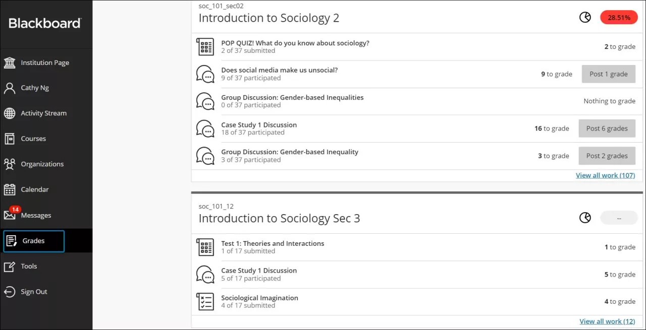 Access grading from the navigation menu