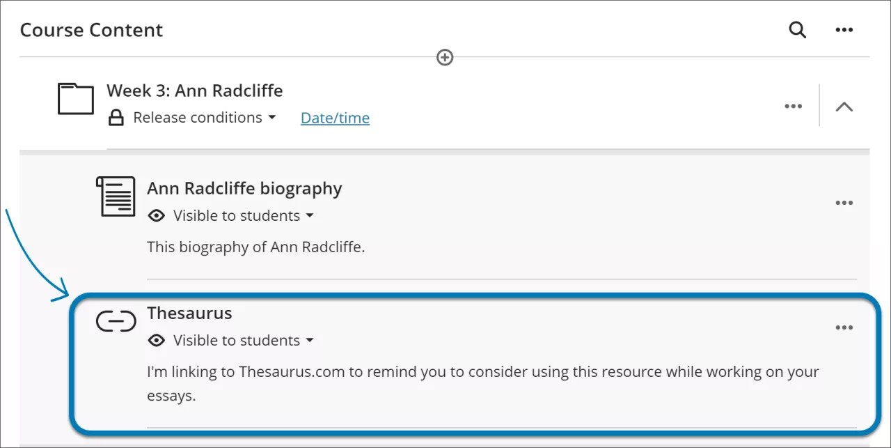 Detail of Course Content page with blue box and blue callout arrow highlighting web link