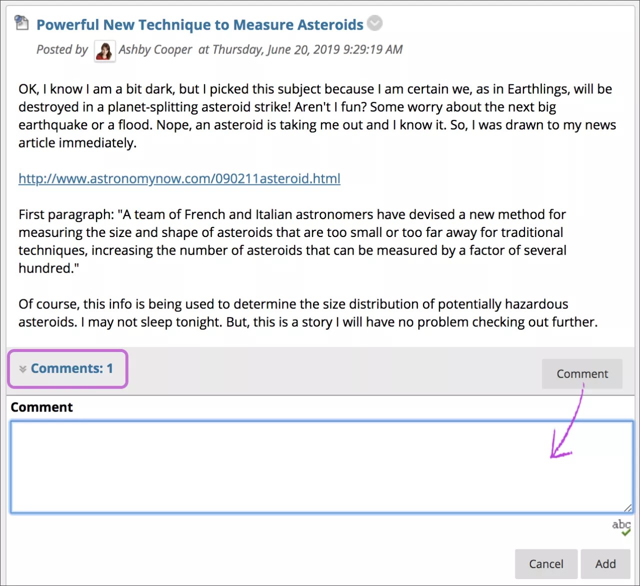 A blog post with the comment option open. The numbered Comments link to view all comments is highlighted in purple, and there is a purple arrow from the comment button to the comment box. There are Cancel and Add buttons at the bottom right.