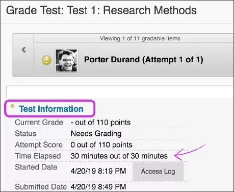 A student's quiz submission opened. Test information is displayed.