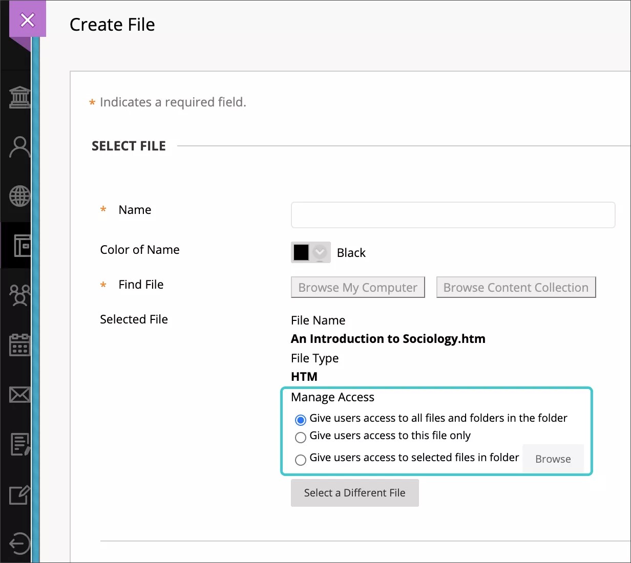 Create File screen with the Manage Access options