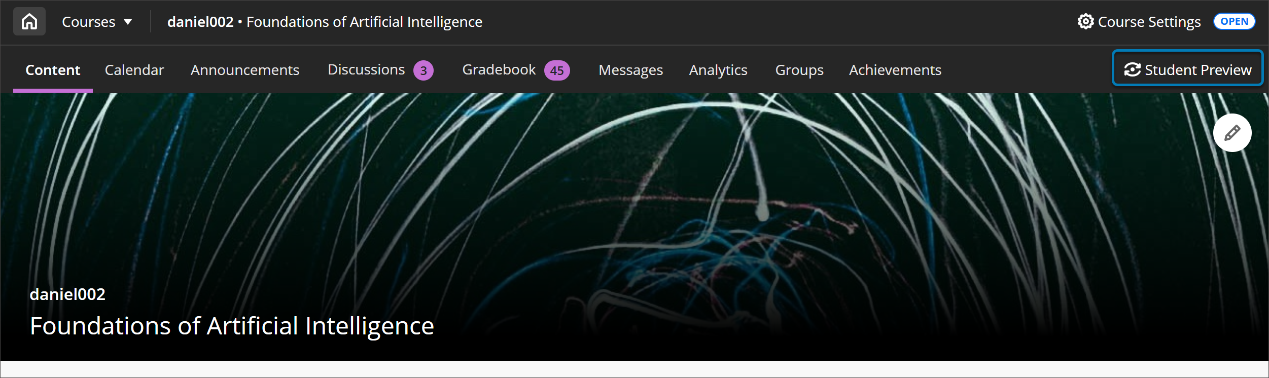 The Course Content page, with Student Preview highlighted to the right