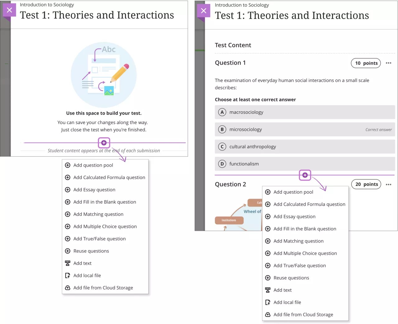 This is how test in edit view with add question menu expanded looks like.