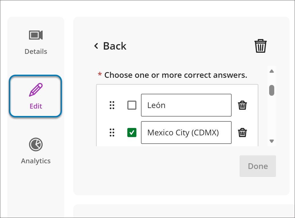 Knowledge check options within the Video Studio workflow. The user has listed two Mexican cities as knowledge check answers. The Edit option to get to the knowledge check workflow is highlighted in blue.