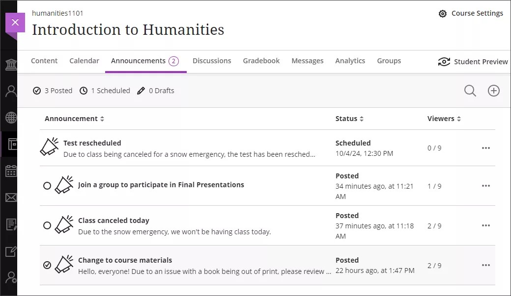 Announcements page, with one read announcement, two unread announcements, and one scheduled announcement