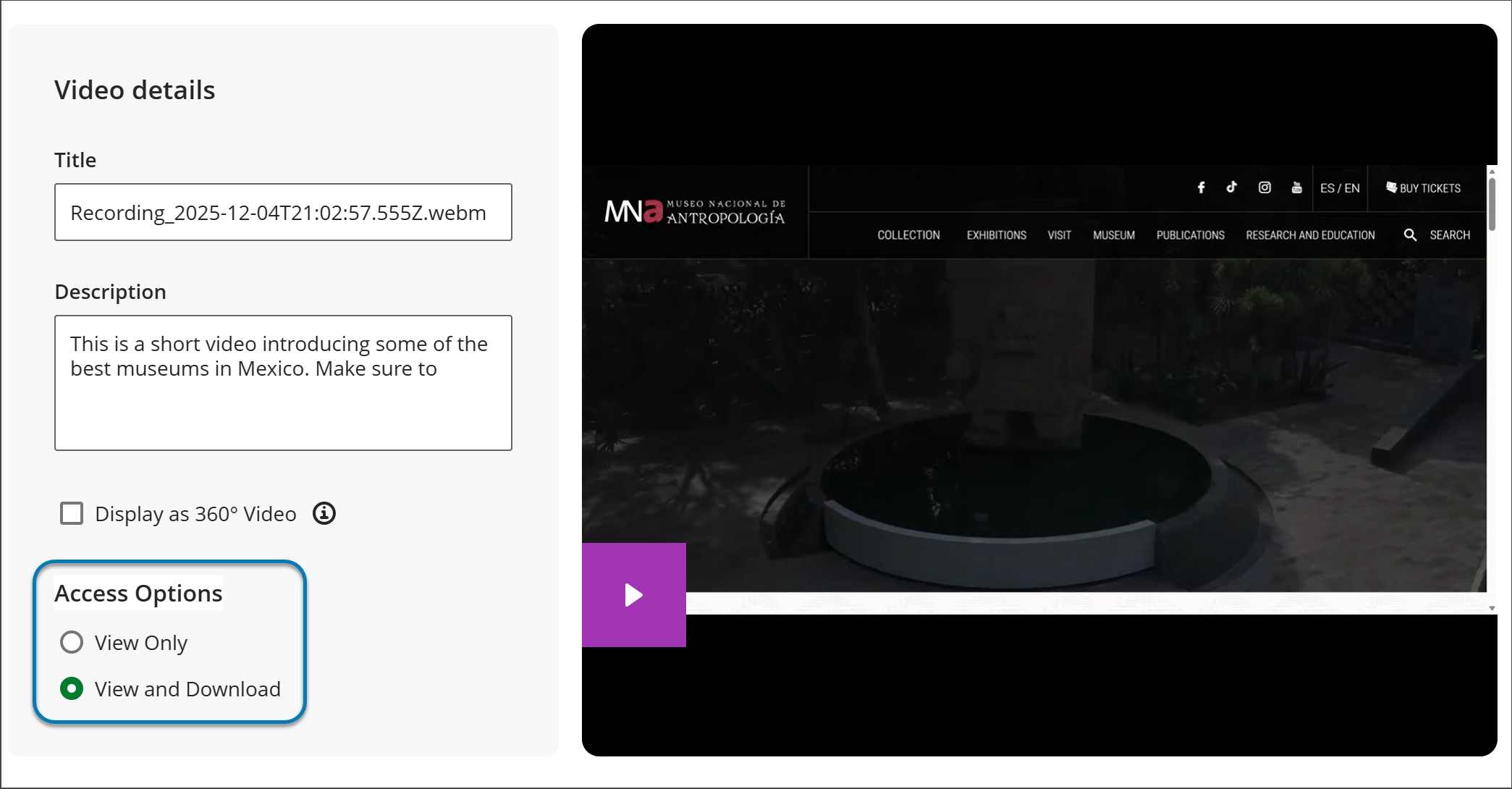 Video Studio Details page with the instructor option turned on to allow a recording to be downloaded by users. The setting options to turn on or off the ability to download a recording is highlighted in blue.