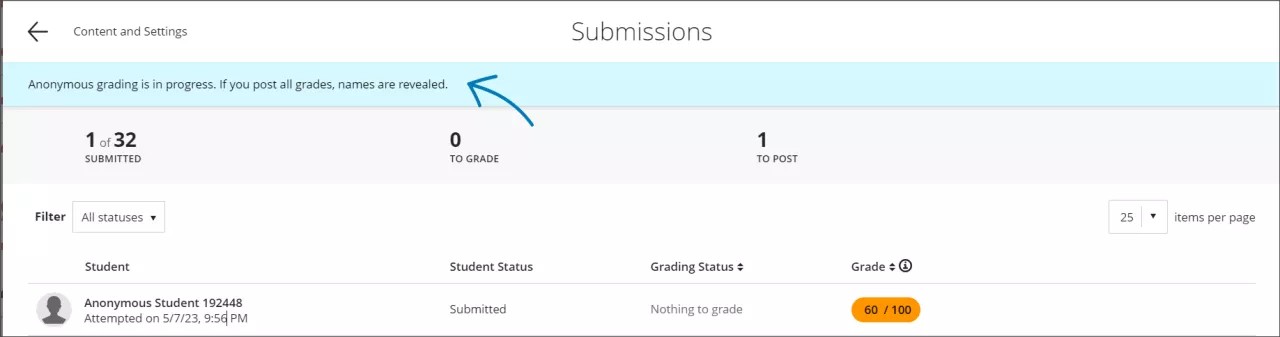 The Submissions page is open with the submission list on screen. The notification that indicates the anonymous grading is in progress is highlighted.