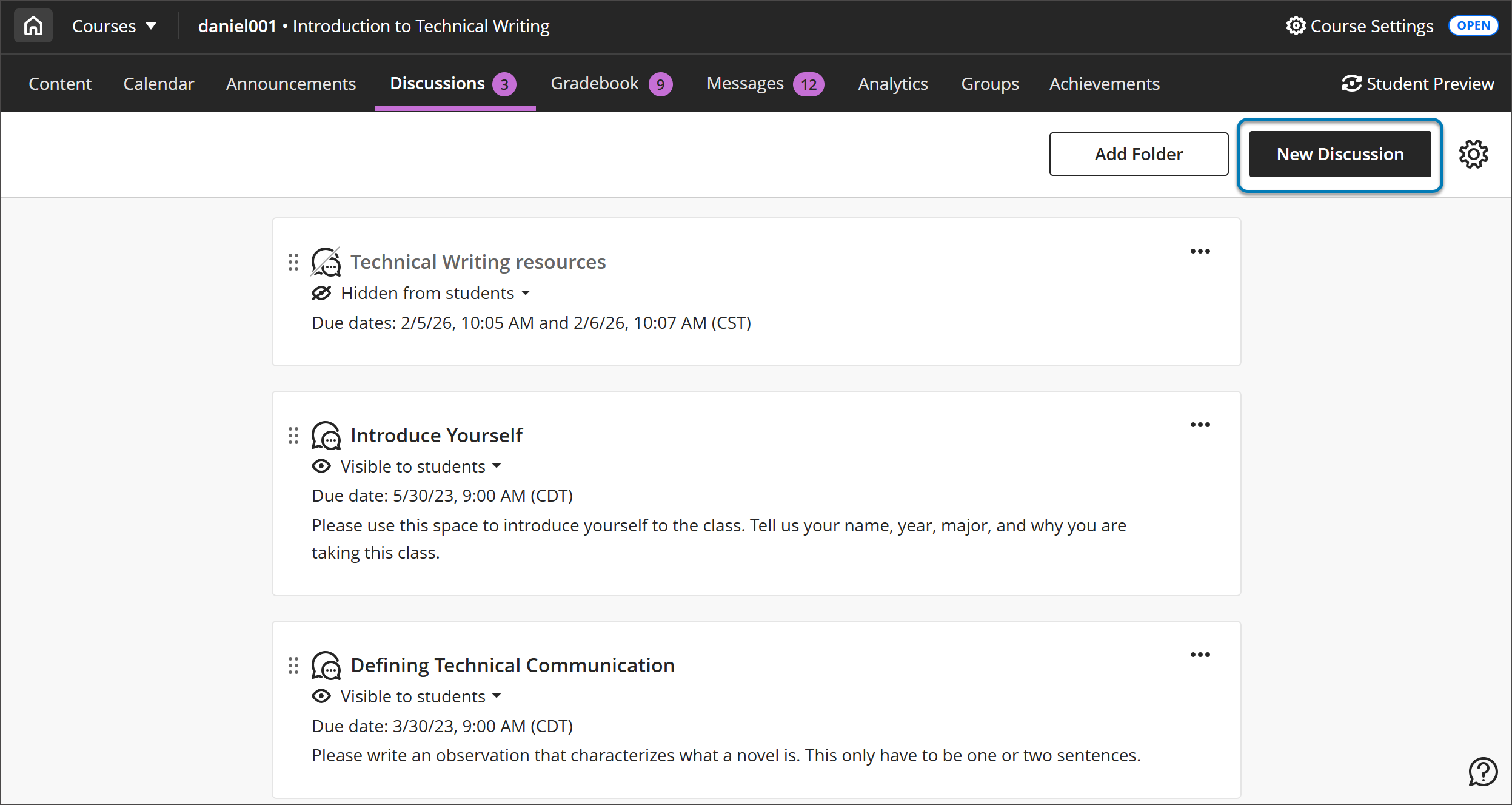 The Discussion tab on the course page, with Add Folder and New Discussion highlighted at the top of the page.