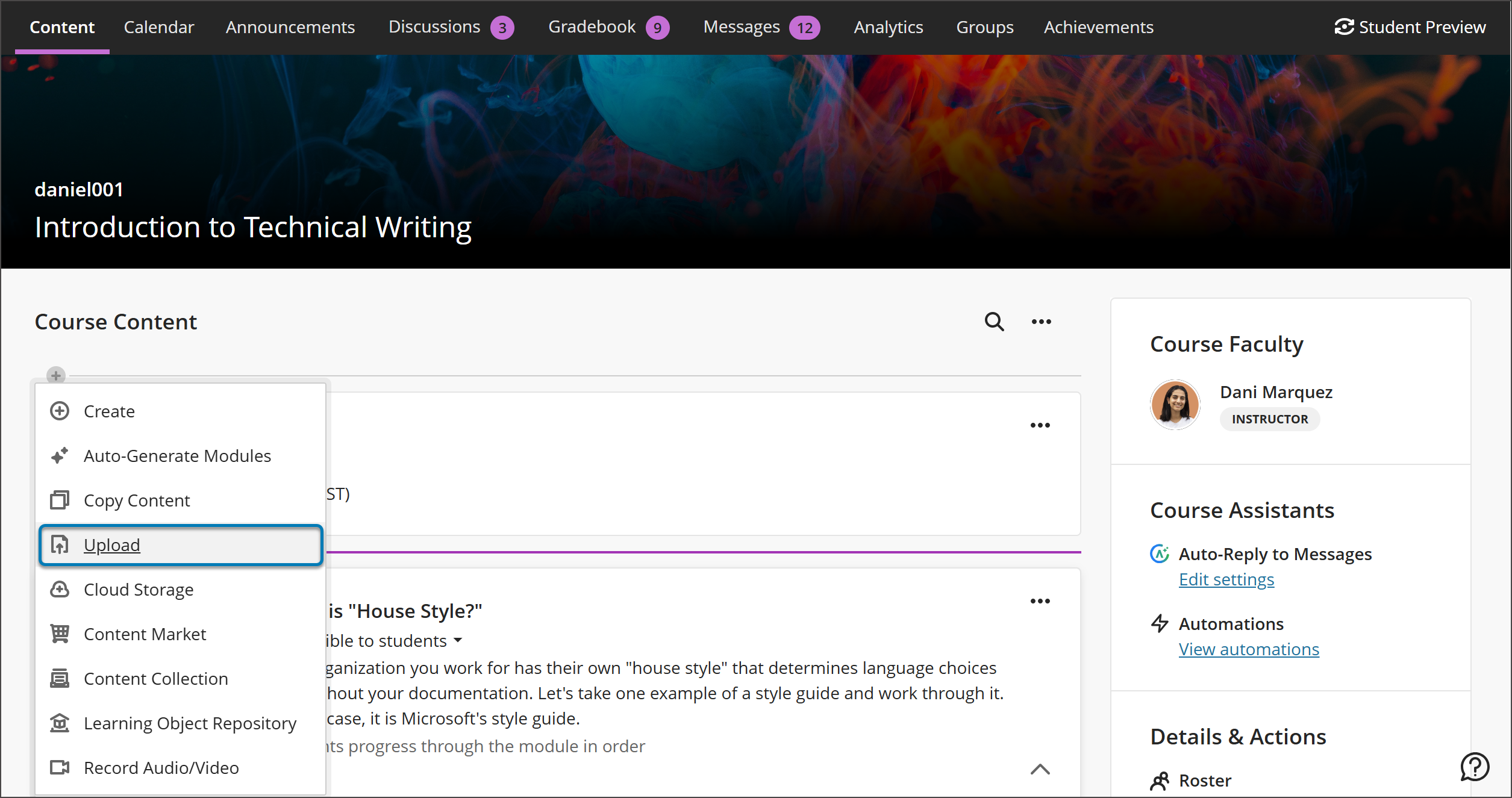 Course Content page with menu open to add files. Upload option is highlighted.