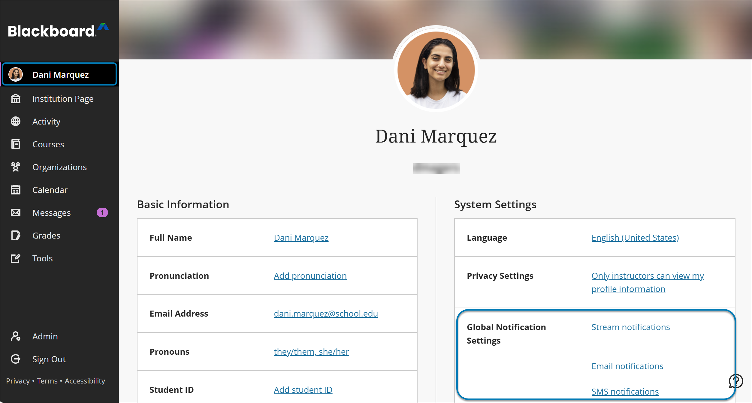 Profile page for instructor Dani Marquez. The Profile option in the Base Navigation menu and Global Notification settings on the Profiles page is highlighted with blue boxes.