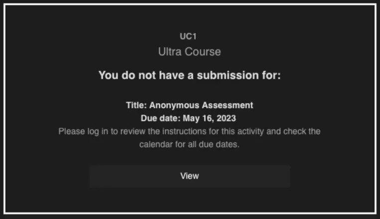 Student's reminder reads "You do not have a submission for", the assessment details and the due date.